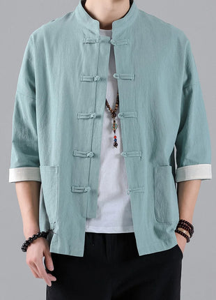 Camicie in Stile Cinese per Uomo, Top Tradizionale Tang in Lino a Mezza Manica, Camicia Kung Fu Hanfu Vintage Casual, Taglie Grandi fino a 5XL