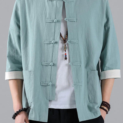 Camicie in Stile Cinese per Uomo, Top Tradizionale Tang in Lino a Mezza Manica, Camicia Kung Fu Hanfu Vintage Casual, Taglie Grandi fino a 5XL