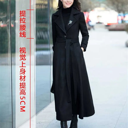 New Women's Spring Autumn Winter Woolen Coat Slim  Long Over The Knee Lining Woolen Windbreaker Outerwear Match Belt Female