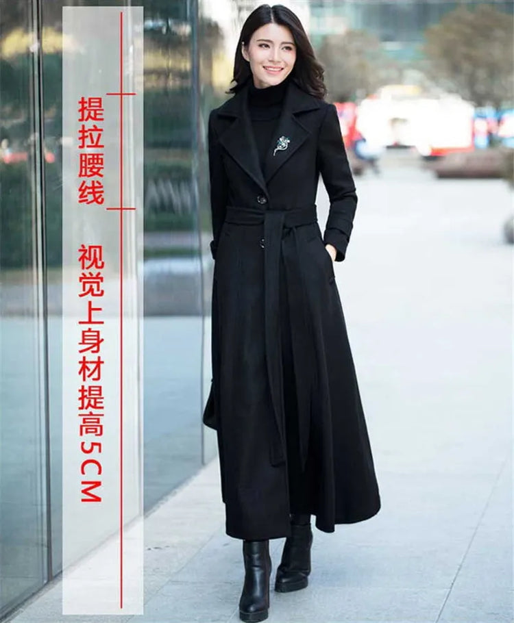 New Women's Spring Autumn Winter Woolen Coat Slim  Long Over The Knee Lining Woolen Windbreaker Outerwear Match Belt Female