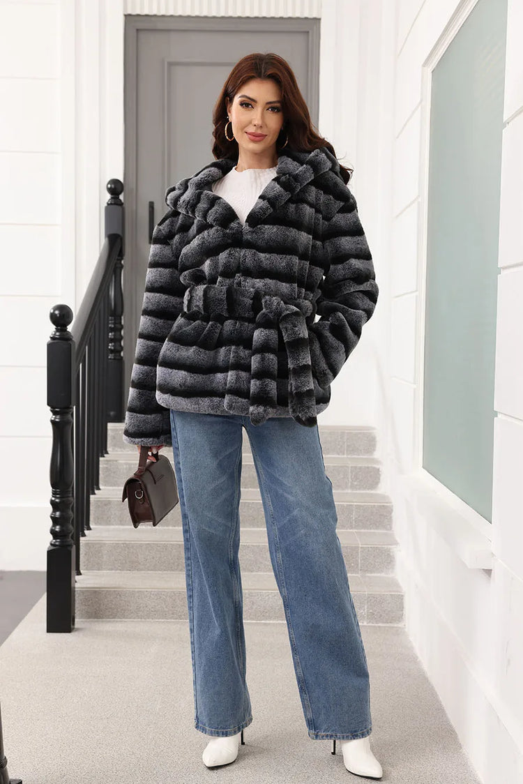 ZADORIN New Stripes Winter Fur Coats Woman Mid Long Hooded Warm Loose Faux Fur Coat For Woman Elegant Belted Fluffy Fur Jacket