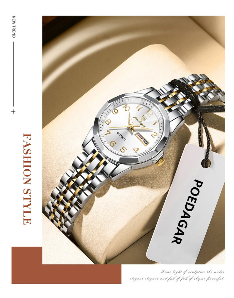 POEDAGAR elegante orologio da polso da donna al quarzo impermeabile luminoso data settimana orologio da donna orologi da donna casual in acciaio inossidabile reloj platinumshop