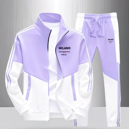 Men 2 Piece Tracksuit Fashion Milano Italia Print Stand Collar Full Zip Jacket Drawstring Jogger Suits Athletic Casual Outfit