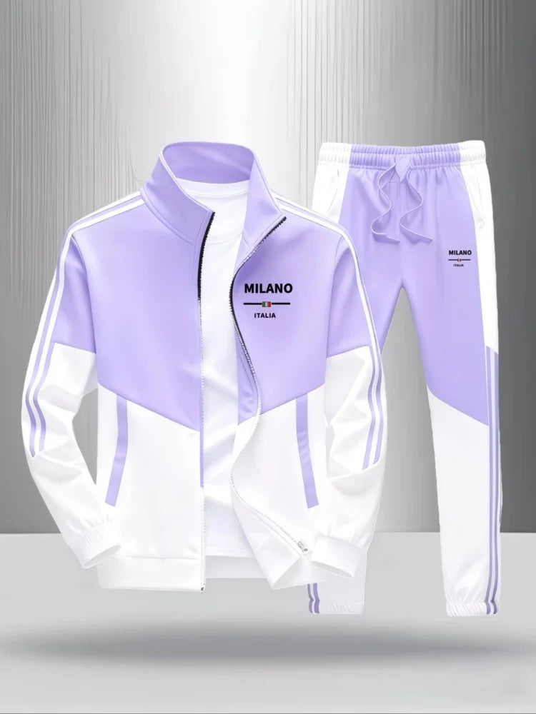 Men 2 Piece Tracksuit Fashion Milano Italia Print Stand Collar Full Zip Jacket Drawstring Jogger Suits Athletic Casual Outfit