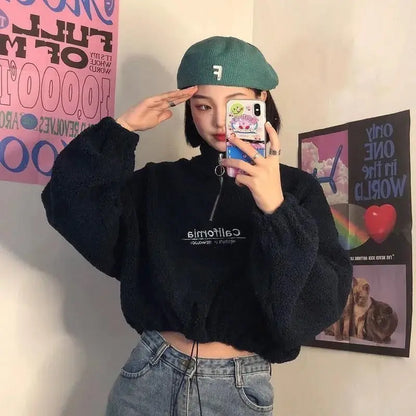 Imitation Lamb Wool Thickened Short Sweatshirt for Women Autumn Winter Half Open Neck Zipper Letter Embroidery Warm Pullover Top