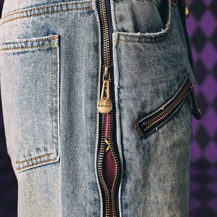 Jeans JoJo Anime con Pannelli Staccabili, Vita Alta, Gamba Larga, Stampa Denim, Viola e Oro, Patchwork, Taglio Dritto, per Uomo e Donna