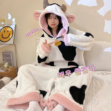 Women Onesie Kigurumis Cow Pajamas Adult Female Winter Sleepwear Zipper Hooded  Jumpsuits Thick Soft Warm Fleece Pijama Mujer