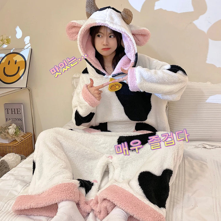 Women Onesie Kigurumis Cow Pajamas Adult Female Winter Sleepwear Zipper Hooded  Jumpsuits Thick Soft Warm Fleece Pijama Mujer