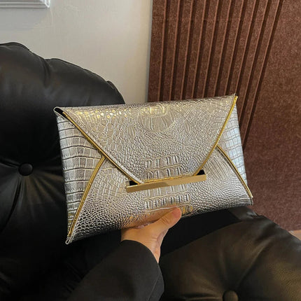 Fashion Crocodile Pattern Envelope Clutch Women's Handbags For Gifts, Designer Casual Ladies Purses Phone Pocket PlatiNum