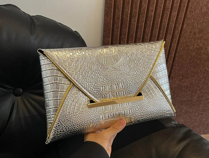 Fashion Crocodile Pattern Envelope Clutch Women's Handbags For Gifts, Designer Casual Ladies Purses Phone Pocket PlatiNum