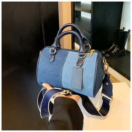 Patchwork Colorblock Mini Handbags For Women Denim Shoulder Cross Body Bags Casual Street Small Boston Bag 2025 Designer Purses PlatiNum