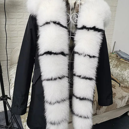 Winter Long Jacket Real Fur Coat Women Clothes Large Silver Fox Fur Collar Detachable Natural Fox Lining Parkas Leather Fur