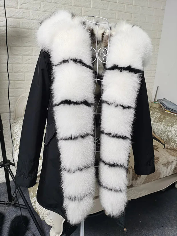 Winter Long Jacket Real Fur Coat Women Clothes Large Silver Fox Fur Collar Detachable Natural Fox Lining Parkas Leather Fur