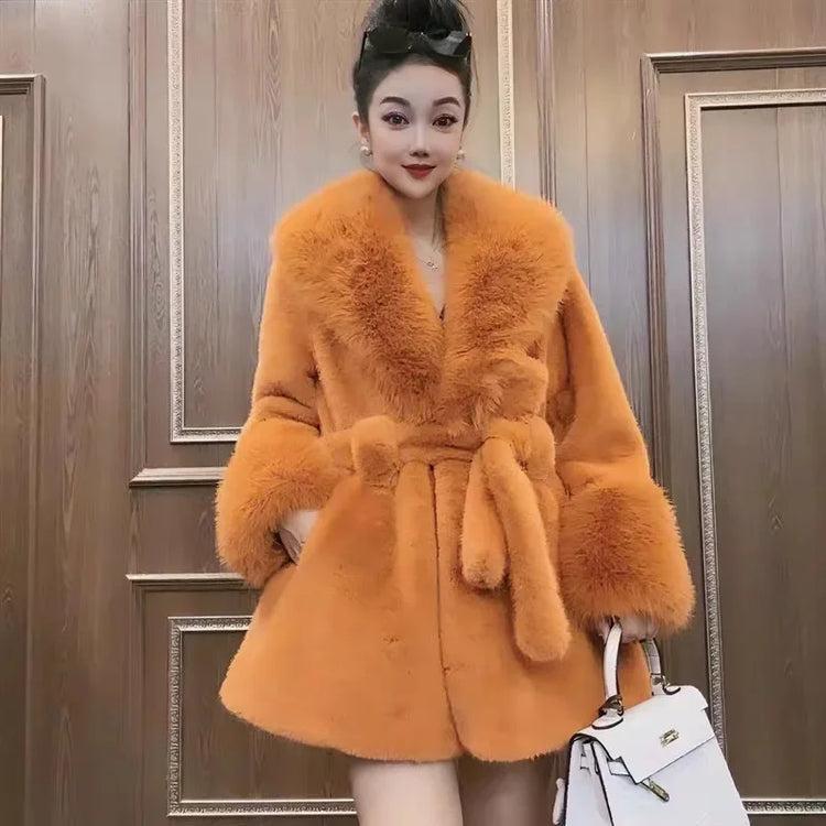 Luxury Brand Chic Faux Fur Coats Fur Collar Oversized with Belt Women Fur Jackets Winter Long Sleeve Outerwear Soft Coats New