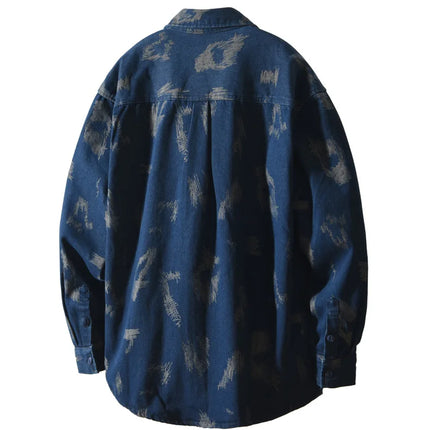 T795 Men's Long Sleeve Denim Casual Shirt for Autumn Winter Fashion Loose Relaxed Fit Vintage Flower Print Denim Jackets Male