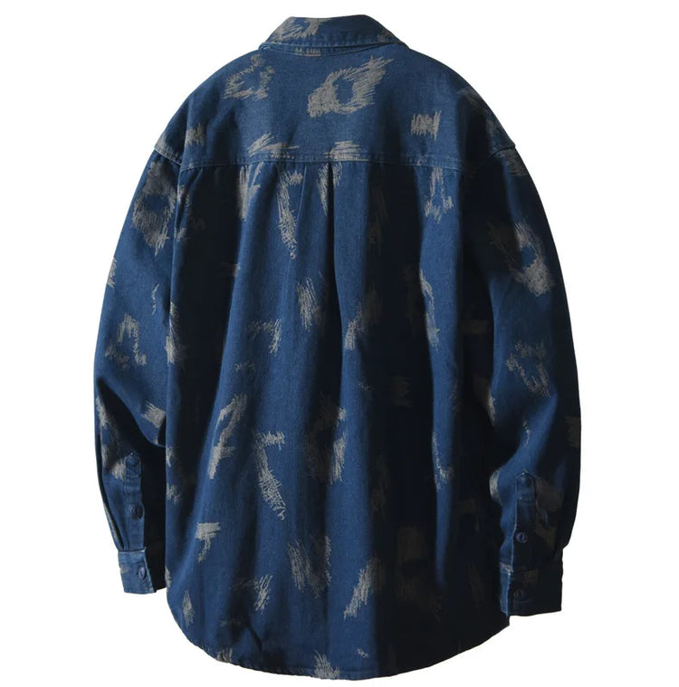 T795 Men's Long Sleeve Denim Casual Shirt for Autumn Winter Fashion Loose Relaxed Fit Vintage Flower Print Denim Jackets Male