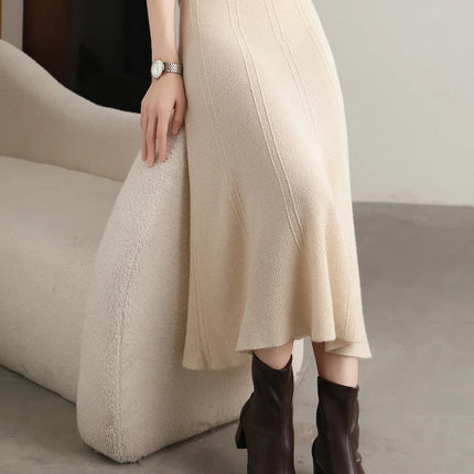 Grace Women's Skirt 100% Merino Wool Skirt Hip Hugging A-Line Wave Skirt Knitted Warm Autumn Winter Dress Slim Office Lady Skirt PlatiNum