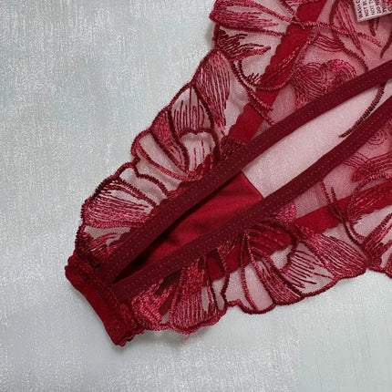 Red Lace Embroidery Bra Set 5-Piece Lingerie Comfortable Push Up Underwear