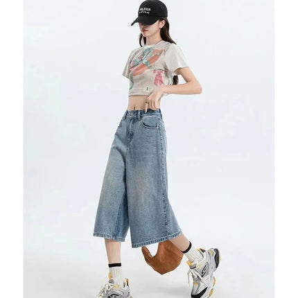Women's Vintage Wide Leg Denim Capri Pants Shorts Summer New Plus Size Tummy Control Loose Straight Leg Casual Streetwear PlatiNum
