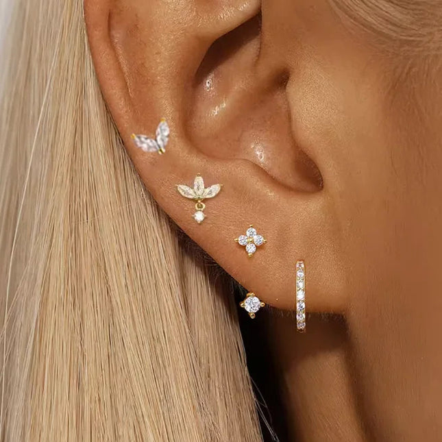 4PCS Zircon Heart Moon Flower Small Hoop Earrings Set For Women Stainless Steel Huggies Pendant Piercing Earrings Jewelry Aretes PlatiNum