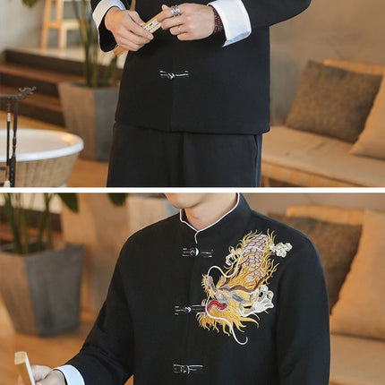 Camicie da Uomo a Maniche Lunghe in Stile Cinese, Ricamate, per Kung Fu e Tai Chi, Cardigan Retrò in Lino, Abito Tradizionale Tang, Top Tradizionale da Uomo
