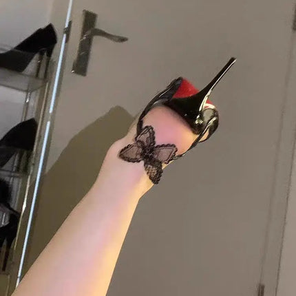 Sexy pizzo bowknot sottili tacchi alti donna bocca di pesce elegante designer Striptease banchetto scarpe eleganti sandali di marca di moda donna