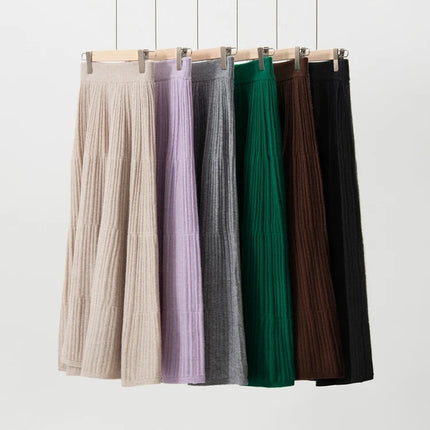Autumn Winter Women Tiered Skirt Cashmere A-line Pleated Skirt Elastic Waist 100% Cashmere Knitted High Quality Soft Solid Dress PlatiNum