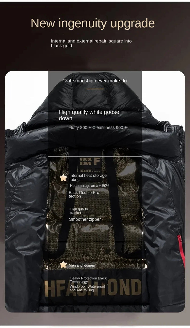 -30 ℃ Cold-proof Long Down Jacket Men's Light Luxury Black Gold Lightweight 95% Goose Down Jacket Unisex Winter Warm Hooded Coat PlatiNum
