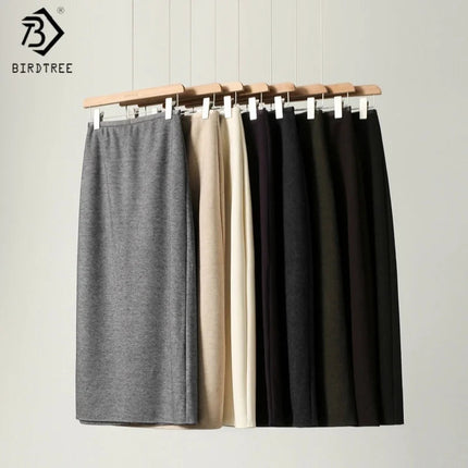 Birdtree Cashmere Silk Blended Skirt For Woman,Elastic Waist Long Skirts,Rear Slit,Commuting Style,2025 Autumn Winter D5N418JF PlatiNum