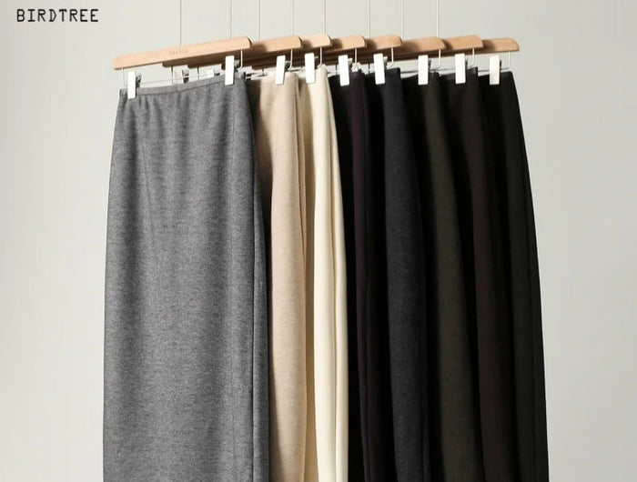 Birdtree Cashmere Silk Blended Skirt For Woman,Elastic Waist Long Skirts,Rear Slit,Commuting Style,2025 Autumn Winter D5N418JF PlatiNum