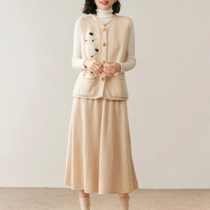 Women's 100% Pure Cashmere Skirt Autumn Winter Mid-calf A-line Knitted Full Skirt High Waist Soild Dress Elegant Basic High-end PlatiNum