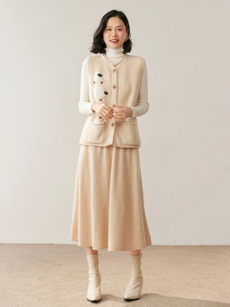 Women's 100% Pure Cashmere Skirt Autumn Winter Mid-calf A-line Knitted Full Skirt High Waist Soild Dress Elegant Basic High-end PlatiNum