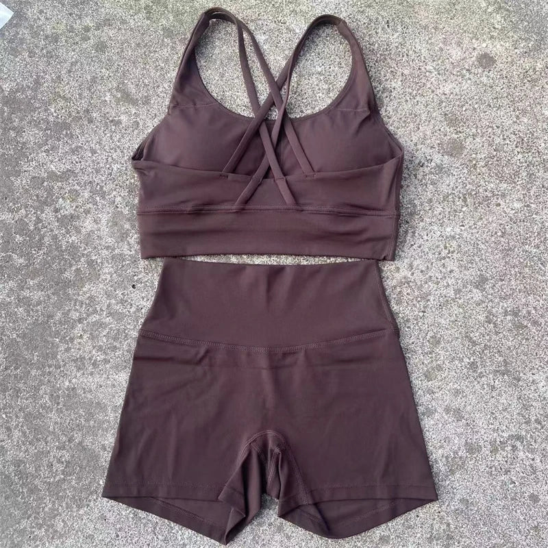 Yoga Shorts Set Gym Sports Set Women Workout Clothes 2 Piece Fitness Suit Cross Straps Bra High Waist Shorts Running Tracksuit