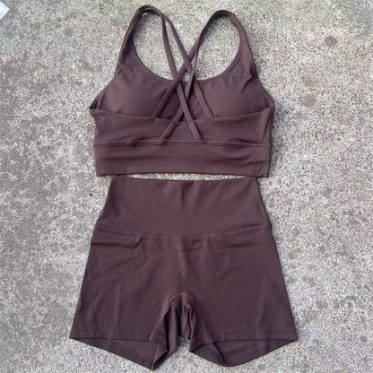 Yoga Shorts Set Gym Sports Set Women Workout Clothes 2 Piece Fitness Suit Cross Straps Bra High Waist Shorts Running Tracksuit