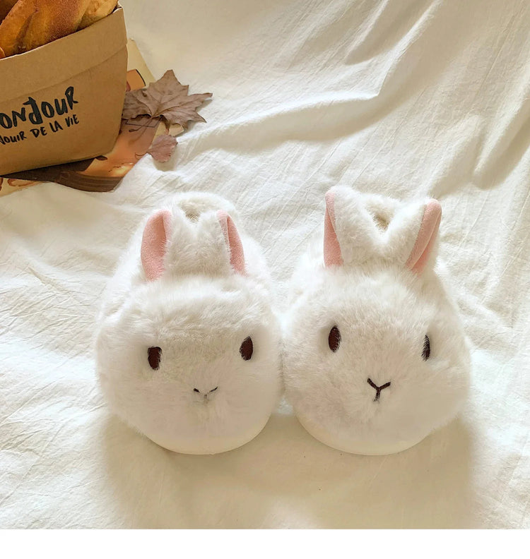 New Cute 3D Rabbit Furry Slippers Women Winter Warm Plush Closed Back House Shoes Non Slip Bunny Indoor Flip Flops Home Slipper
