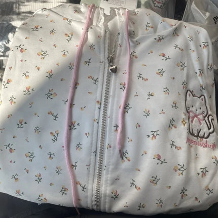 Y2k Hoodies Green Kawaii Cat Floral Print Hooded Zip-up Woman Sweatshirts Pink Thin Jacket Spring Fall Clothes Cute Streetwear