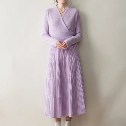 Autumn Winter Women Tiered Skirt Cashmere A-line Pleated Skirt Elastic Waist 100% Cashmere Knitted High Quality Soft Solid Dress PlatiNum