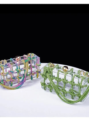 Classic 2025 Acrylic Box Bag with Woven Diamond Rope Handheld Evening Women's Bag Transparent Dinner Handbag European Style PlatiNum
