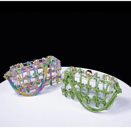 Classic 2025 Acrylic Box Bag with Woven Diamond Rope Handheld Evening Women's Bag Transparent Dinner Handbag European Style PlatiNum