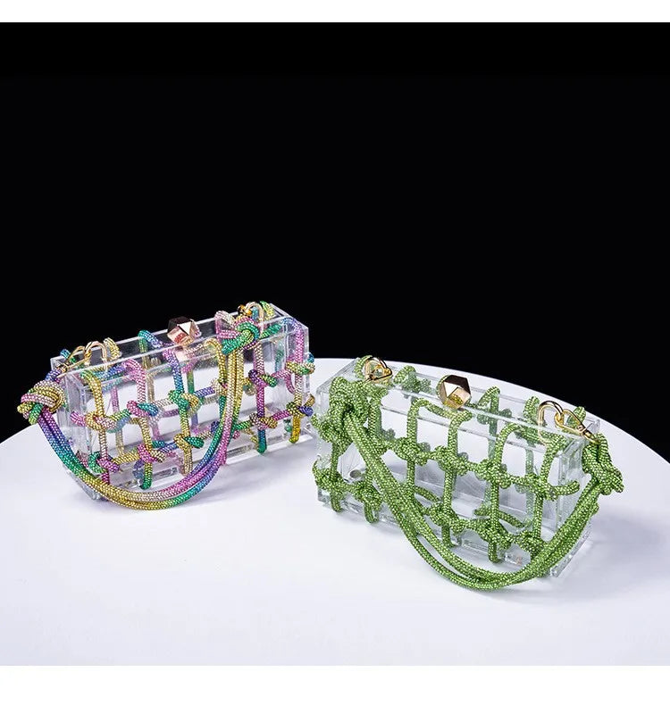 Classic 2025 Acrylic Box Bag with Woven Diamond Rope Handheld Evening Women's Bag Transparent Dinner Handbag European Style PlatiNum