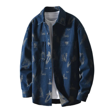 T795 Men's Long Sleeve Denim Casual Shirt for Autumn Winter Fashion Loose Relaxed Fit Vintage Flower Print Denim Jackets Male
