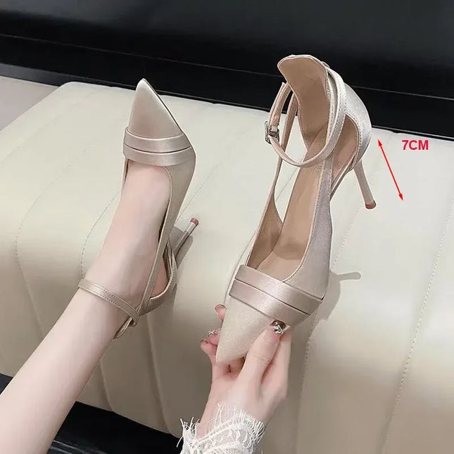 Women's 2025 Purple Satin High-Heel Pumps Ankle Strap Stiletto Heel Pumps Sexy Pointed Toe Wedding Shoes Lady