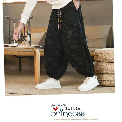 Pantaloni di alta qualità per uomo stile cinese fiore scuro velluto a coste Bloomers casual elastico in vita moda pantaloni larghi a gamba larga maschile