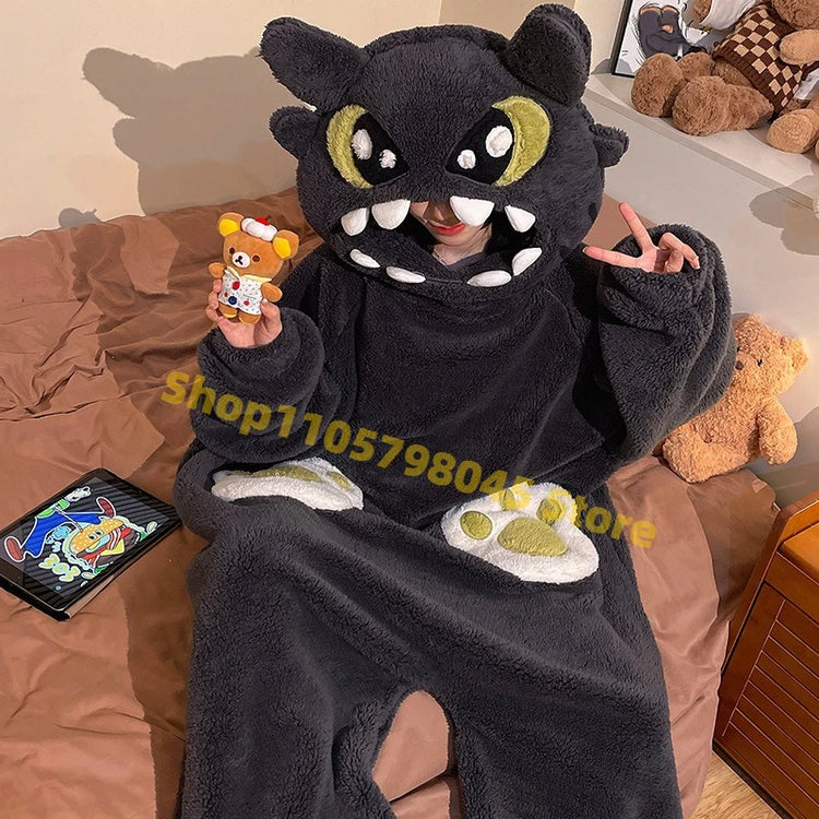 Cartoon Animal One‑Piece Pajamas Soft Coral Fleece Plush Jumpsuit Warm Loungewear For Home Sleepwear Theme Party Costume