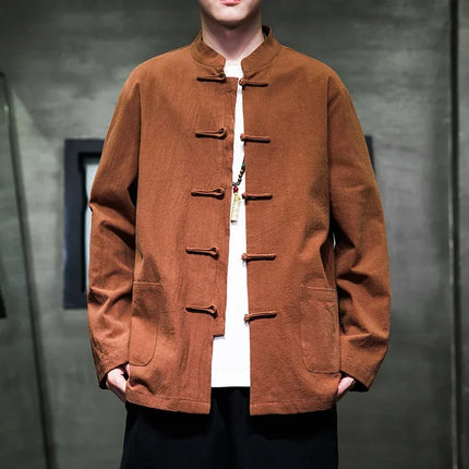 Camicie da uomo stile cinese retrò lino cotone tinta unita vestito Tang top cardigan uomo casual Kung Fu Tai Chi camicette da uomo abbigliamento