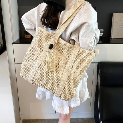 Women's Large Capacity French Style Woven Straw Bag, New Beach Vacation Crossbody Bag, Casual Commuter Tote Bag