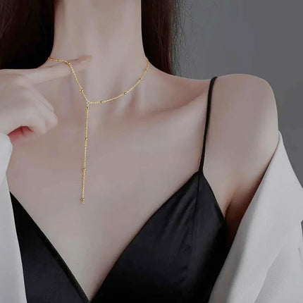 LATS Gold Color Double Layered Long Tassel Chain Necklaces for Women Simple Metal Geometric Bead Choker Necklace Fashion Jewelry PlatiNum