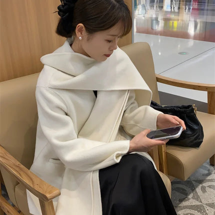 Scarf Collar 100%Wool Coat Women, Korean Fashion Elegant Outerwear, Loose Autumn Winter Jacket