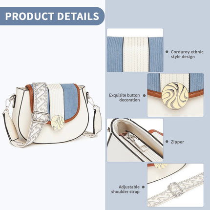 Miss Lulu Ethno-shoulder bag PU leather with Corduroy Detail & Adjustable Strap, Blue-Beige PlatiNum
