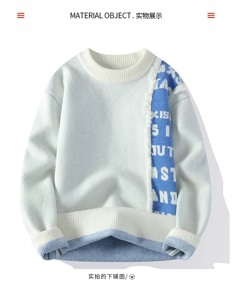 2024 Patchwork Knitted Sweater Trend High Street Autumn Winter Warm Men's Tops Hip-hop Street Clothing Fishing Sports Pullover